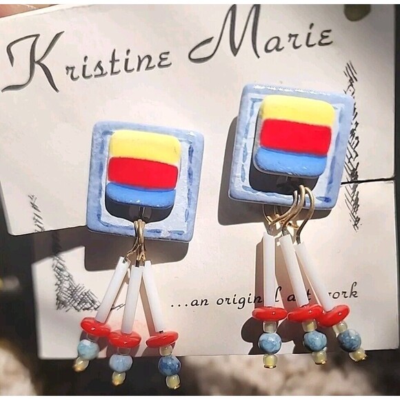 Kristine Marie Handmade Ceramic Jewelry Denim&Primary Earring Set - Picture 1 of 4